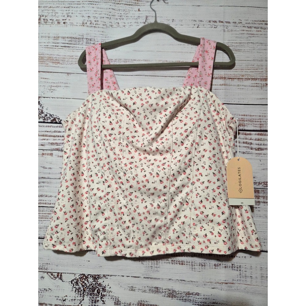 Blogilates Tiny Bows Corset Tank Pink Floral Square Neck Active Top 3X NWT